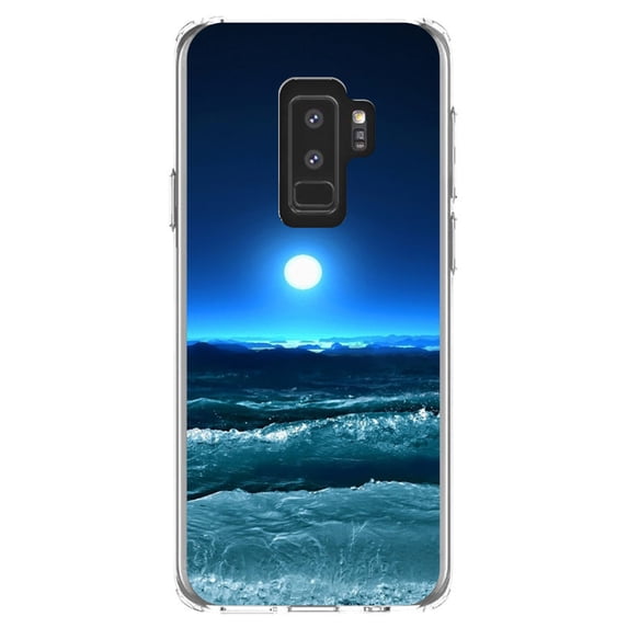 DistinctInk Clear Shockproof Hybrid Case for Samsung Galaxy S9+ PLUS (6.2" Screen) - TPU Bumper, Acrylic Back, Tempered Glass Screen Protector - Moonlit Ocean Waves