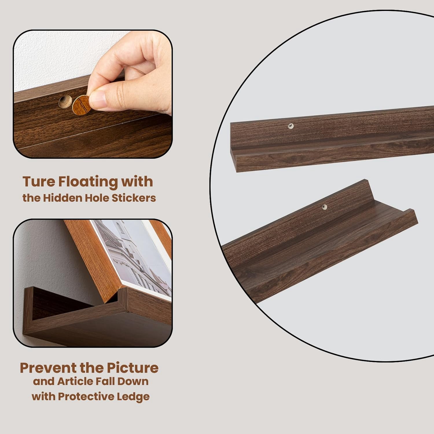 Floating Shelves for Wall Set 2 of 48 inches Picture Ledge Shelf 96 inches Totally,Solid Wood Walnut Shelves for Room Wall to Display and Storage Photo Picture,Vinyl,Toy,Spice,Perfume,Book etc.