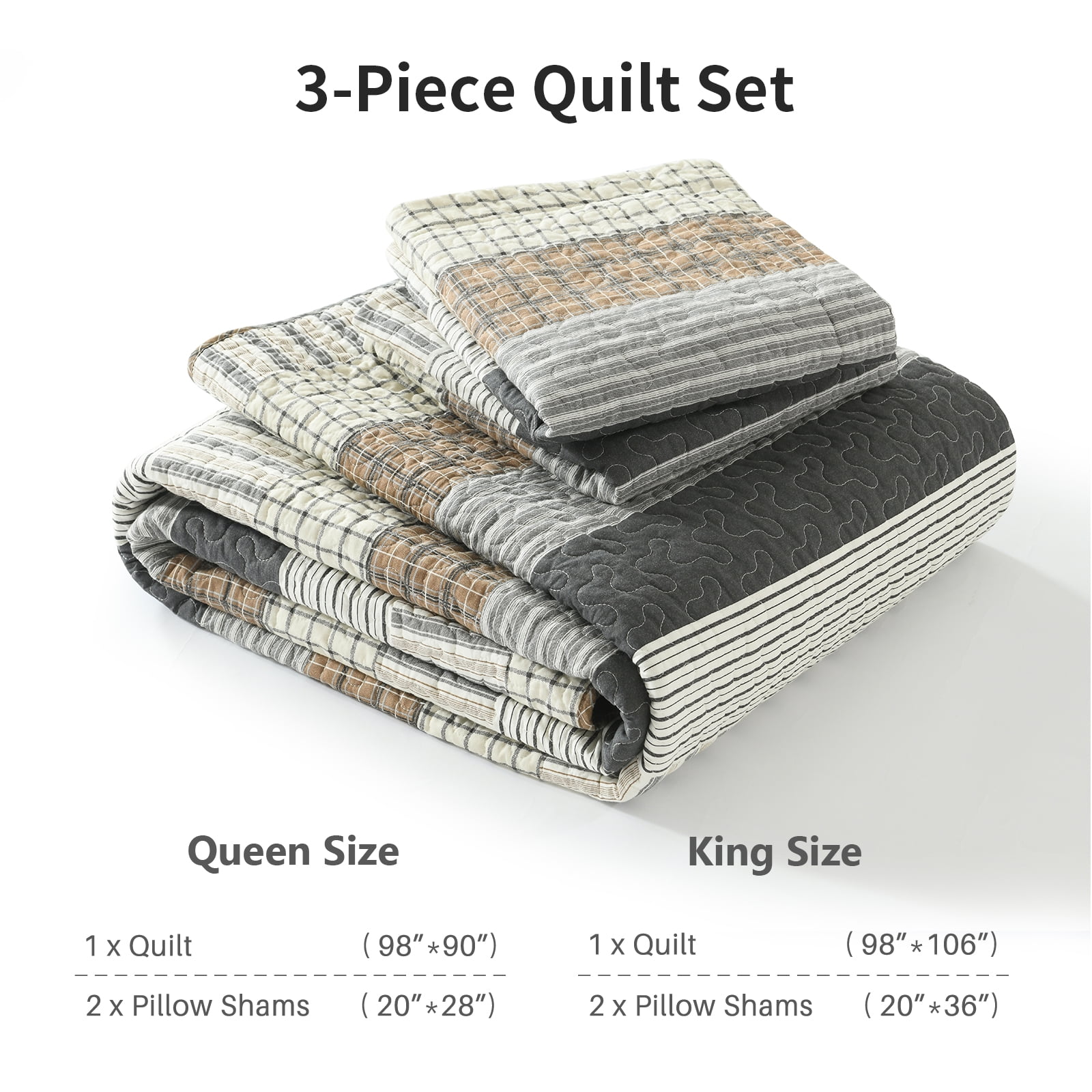 DDUOXIN 100% Cotton King Quilts - Lightweight Gray Brown Striped King Quilt for Bed Set, Modern Neutral Reversible King Size Bedspread, Farmhouse Coverlet/Bedding Set/Comforter with 2 Pillow Shams