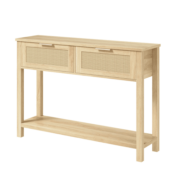 Goldensoil 12"x43"x31" Farmhouse Rattan Console Tables for Entryway, with 2 Drawers & Shelf, Wood