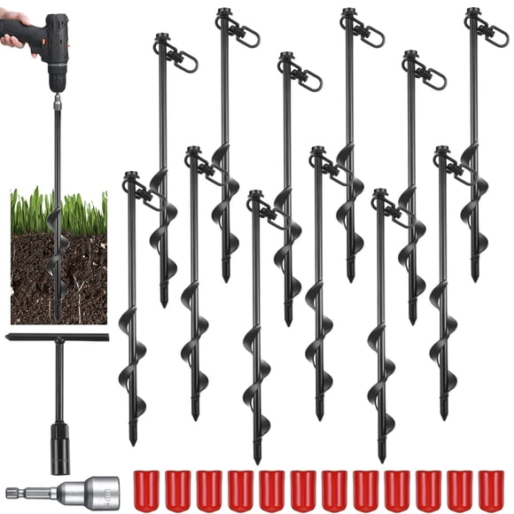 Reginary Piquets d'Ancrage au Sol de 12 Pouces à Visser pour Tente, Piquets Robustes pour Trampoline, Vent Fort pour Camping, Auvent, Abri d'Auto, Remises, Plage, Sable, Piquets, Ensemble de Balançoires en Métal (Noir, 12 Pcs)