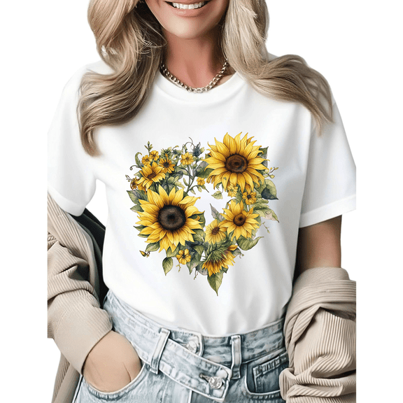 Cute Sunflower Heart Botanical Graphic Tees Womans T-shirt Shirts Black White S-5XL Tops