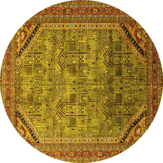 Ahgly Company Machine Washable Indoor Round Oriental Yellow Industrial Area Rugs, 5' Round