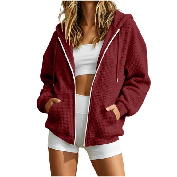 Edvintorg Jacket for Women Loose Hooded Coat Long Sleeve Casual Zip up Outerwear with Pocket Drawstring Womens Clothing Red S-2XL