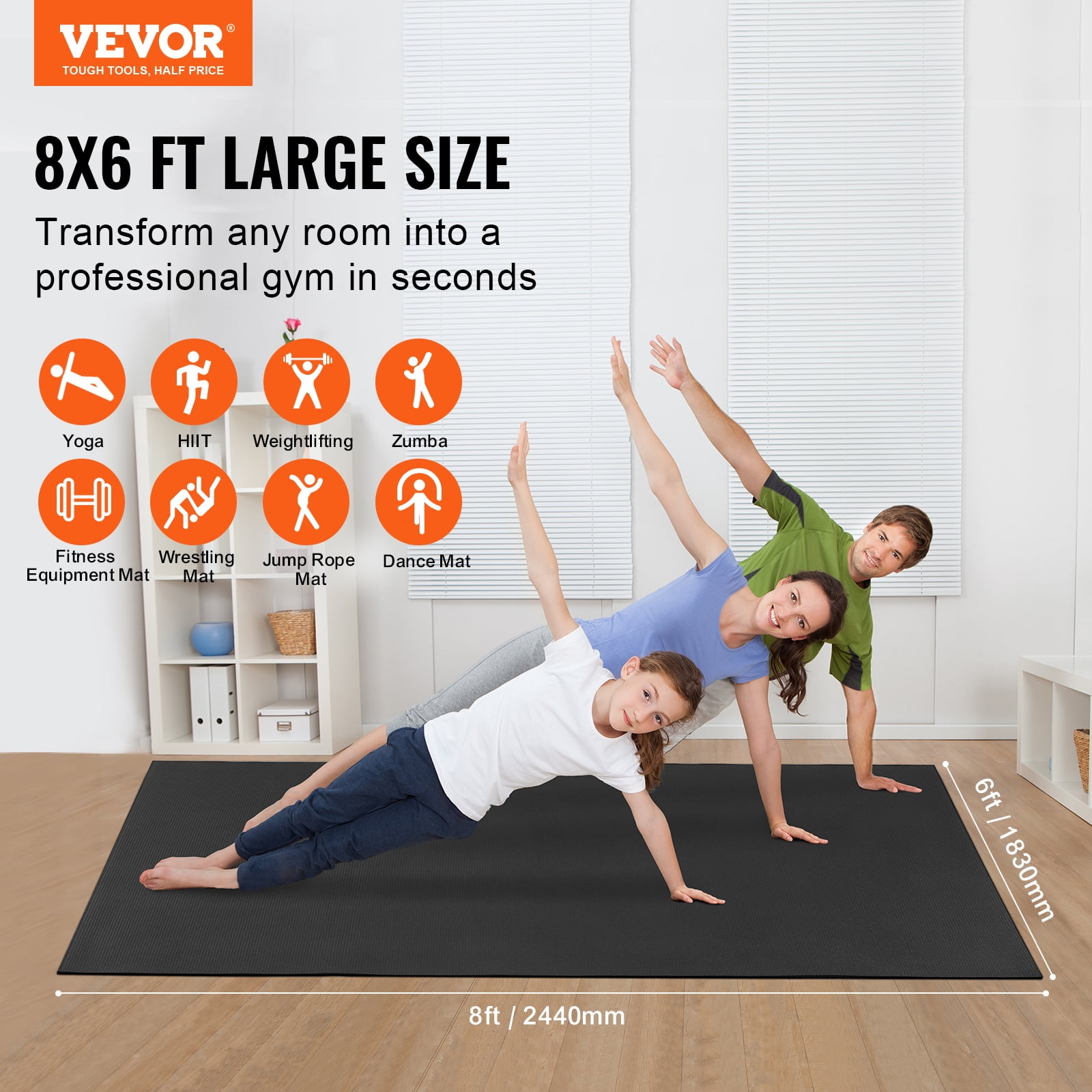 VEVOR Exercise Mat, Non Slip High Density Premium Yoga Mat, Exercise Yoga Mat for Men & Women, Fitness & Exercise Mat with Bag & Carry Strap, for All Types of Home Yoga, Floor Workout (8x6ft)