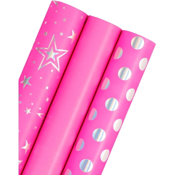 AllWays Plaza Pink Girls Wrapping Paper Roll - Mini Roll - 3 Roll - 17 Inch x 120 Inch - Foil Wrapping Paper for Kids Girls Birthday, Baby Shower, Wedding, Bridal Shower