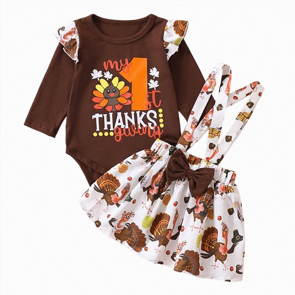Enyan Newborn Baby Girl Thanksgiving Outfit Long Sleeve Turkey Letter Romper Suspender Skirt 2Pcs Set(Size 3-6 Months)