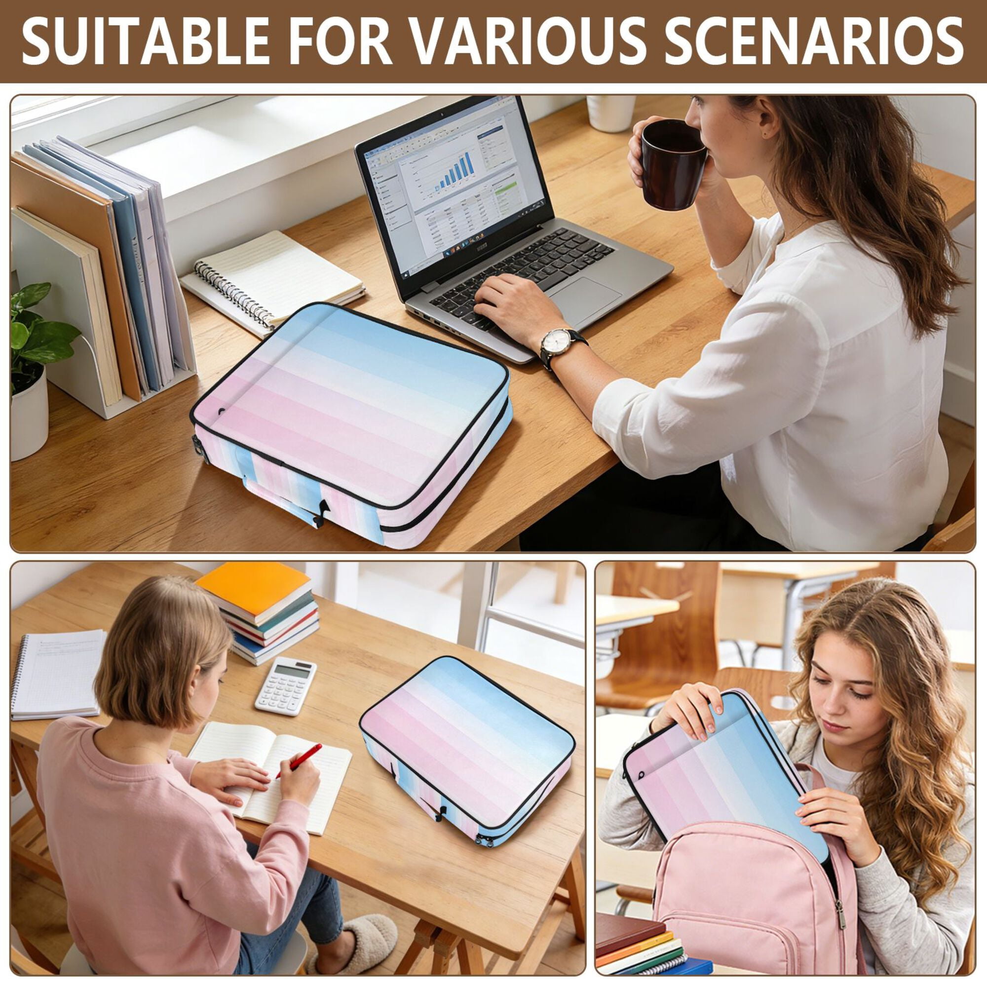 FORMRS Accordion File Folder A4 Size 7-Pocket Expanding Document Organizer Bag with 3 Ring Binder, Light Blue Stripes