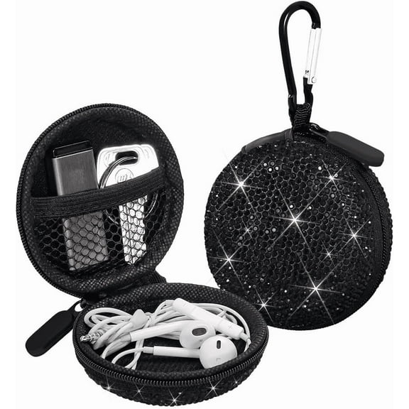 Earphone Case Earbuds Small Carrying Cases Bling Rhinestone Crystal Portable Headphone Organizer Storage Pouch Bag with Carabiner 1 Pack