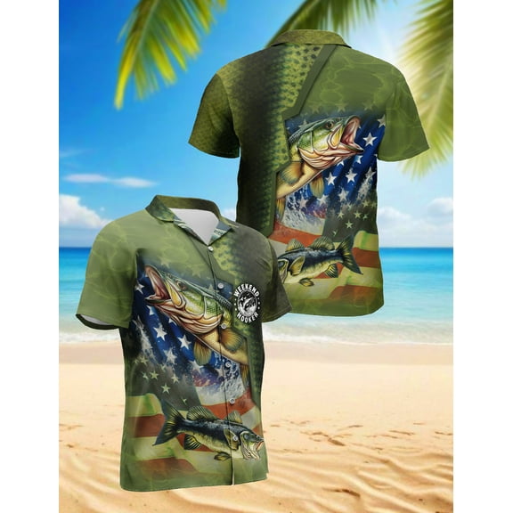 Bass Fishing Flag Hawaiian Shirt for Men, Button Down Summer Beach Short Sleeve, Sizes S-5XL