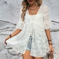 thumbnail image 2 of Youyipin Womens Tops Womens Tie Front Lace Tops Summer Sheer Ruffle Elbow Sleeve Cardigan Shirts Flowy Beach Vacation Cover Up Blouses Spring Tops For Women, 2 of 5