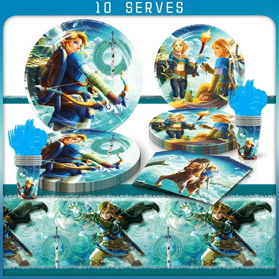 81 Pcs Legend of Zelda Party Tableware Set, Birthday Party Supplies, Table Cover,Paper Plates, Napkins, Cups, Knives, Spoons and Forks