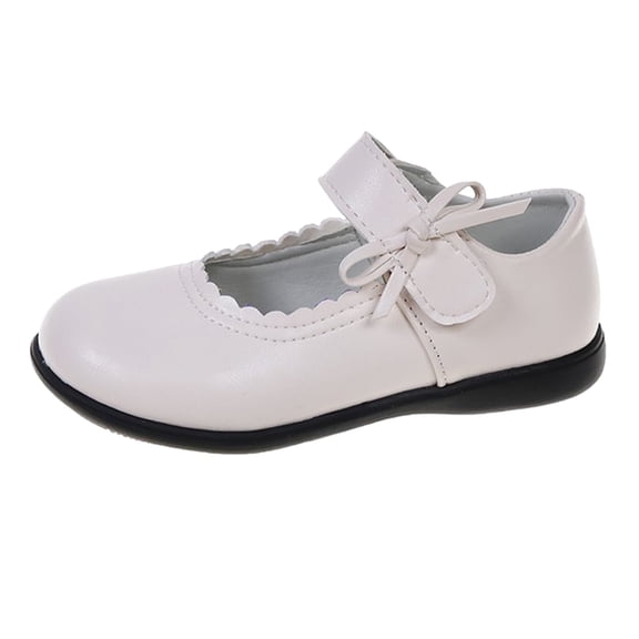 GiLiling Girls Bow Mary Jane Flats, Adjustable Strap Scalloped Edge School Shoes, Soft Sole Non Slip Student Performance Flats for Kids (White, 11.5-12 Years)