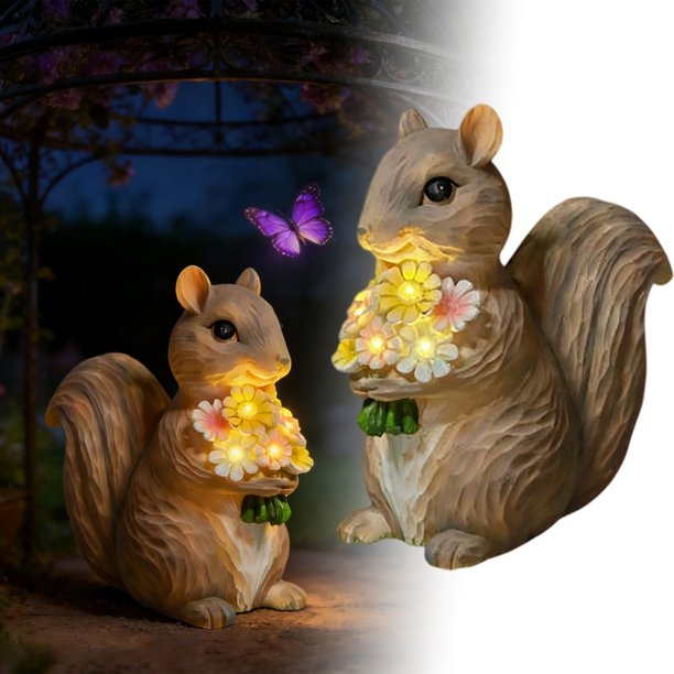Figura de ardilla con luz solar para exterior, luz de jardín con luz blanca cálida, ideal para patios y jardines