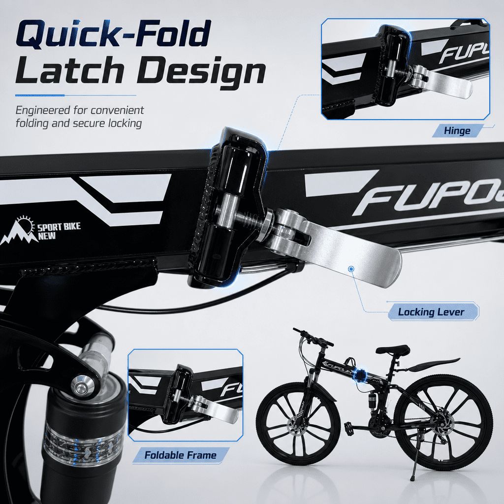 FUPOJH 26" Folding Mountain Bike for Men & Women,21 Speed,Dual Disc Brakes,Dual Suspension,Black