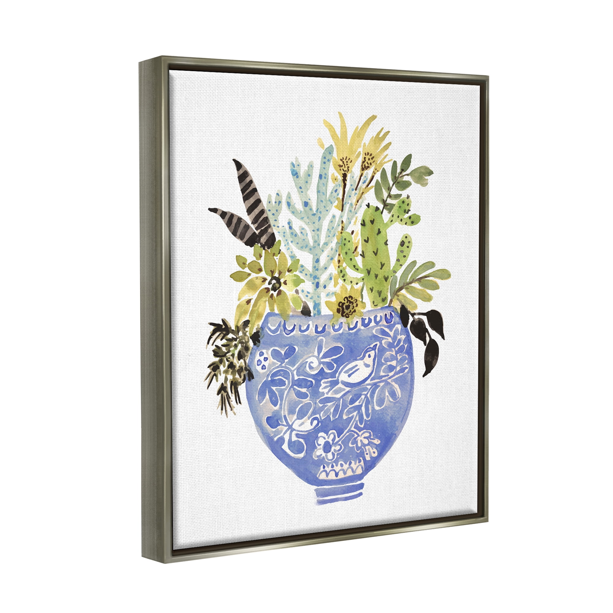 Stupell Whimsical Botanicals Ornate Planter Botanical & Floral Painting Gray Floater Framed Art Print Wall Art