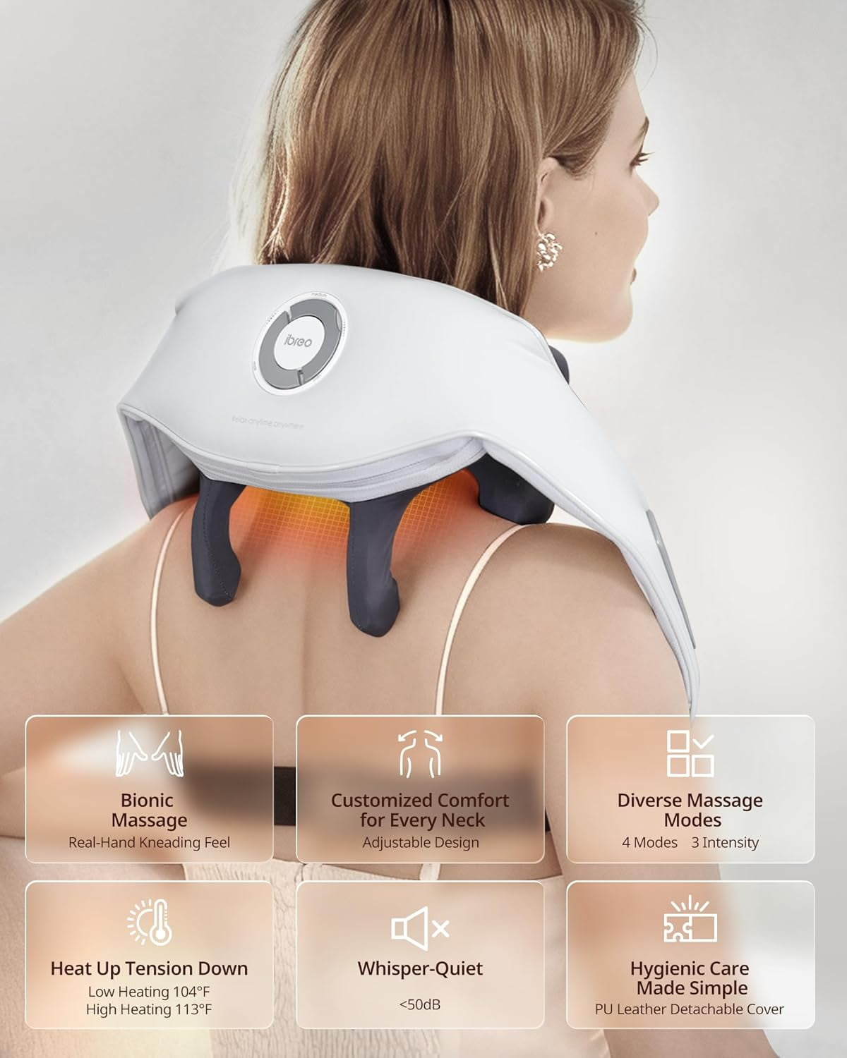 ibreo Cordless Shiatsu Neck and Back, Shoulder Massager with Heat, Massage Head Adjustable and 4 Massage Modes, 6D Kneading Deep Tissue for Pain Relief, Black