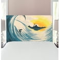 thumbnail image 1 of Ocean Headboard, Illustration of Cloudy Sky Tropical Island Wave and Surfer at Sunset Seascape, Upholstered Decorative Metal Bed Headboard with Memory Foam, Twin Size, Beige Yellow Navy, by Ambesonne, 1 of 4