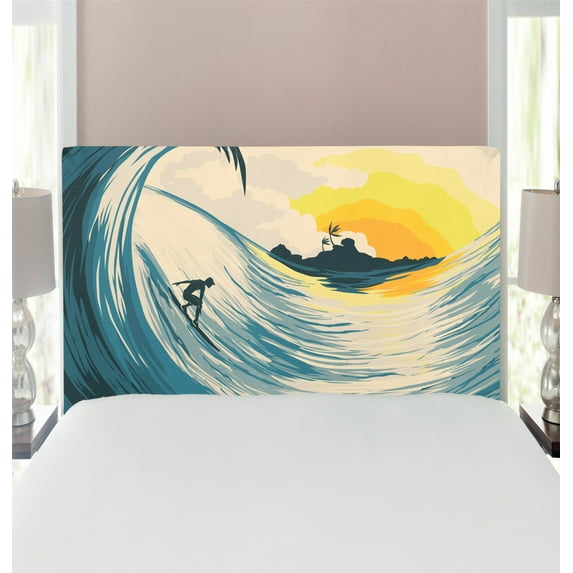 Ocean Headboard, Illustration of Cloudy Sky Tropical Island Wave and Surfer at Sunset Seascape, Upholstered Decorative Metal Bed Headboard with Memory Foam, Twin Size, Beige Yellow Navy, by Ambesonne