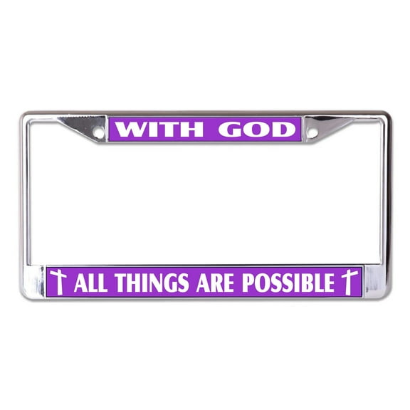 With God All Things Are Possible on Purple Chrome License Plate Frame