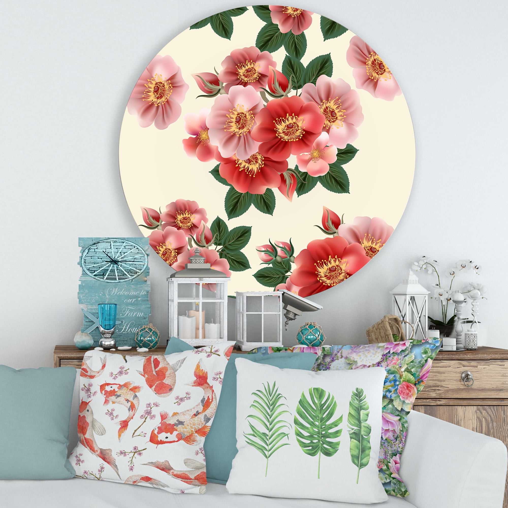 Designart 'Ancient Red Roses' Traditional Circle Metal Wall Art 36x36 - Disc of 36