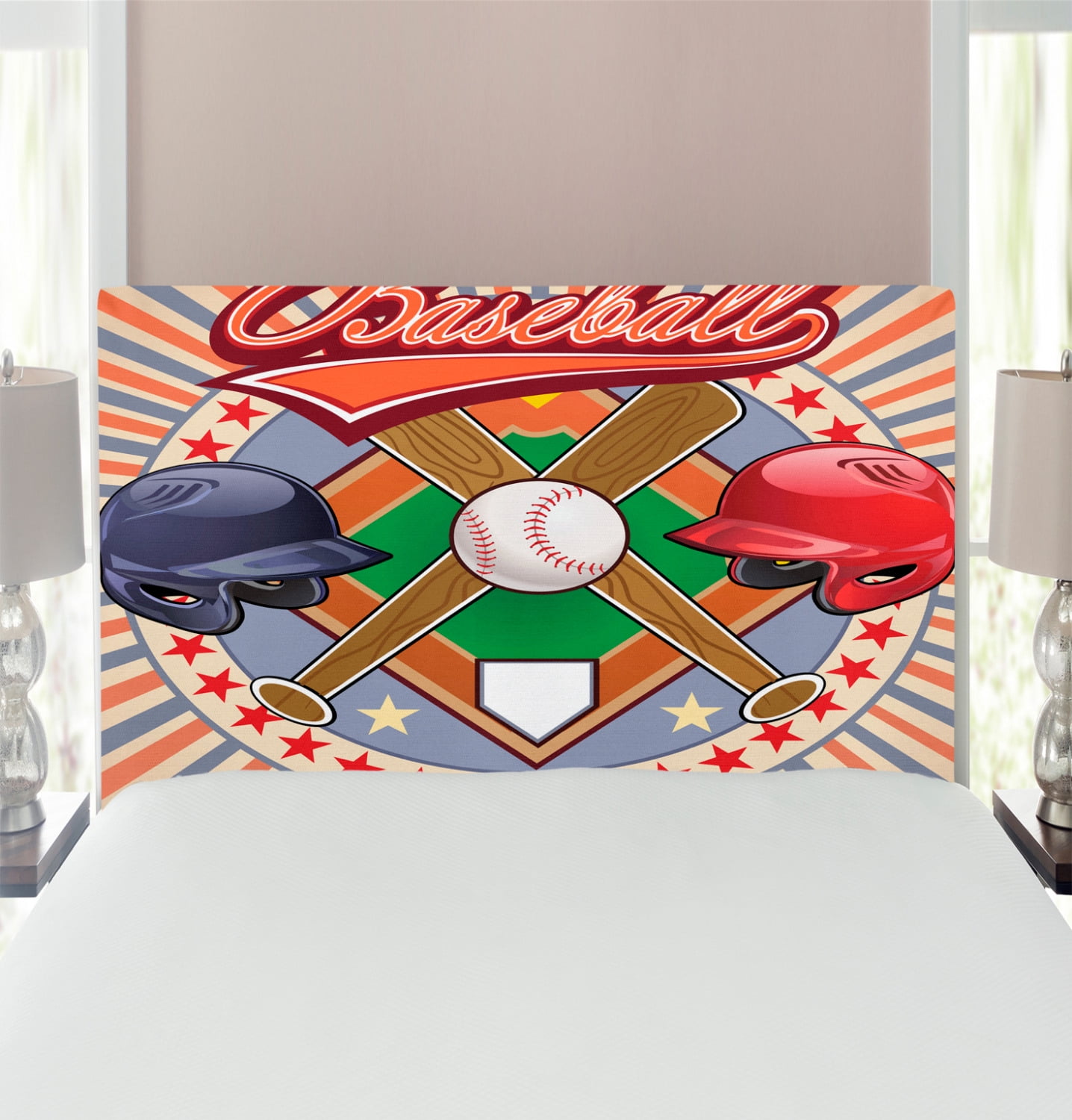 Baseball Headboard, Retro Pop Art Softball Logo Vertical Striped