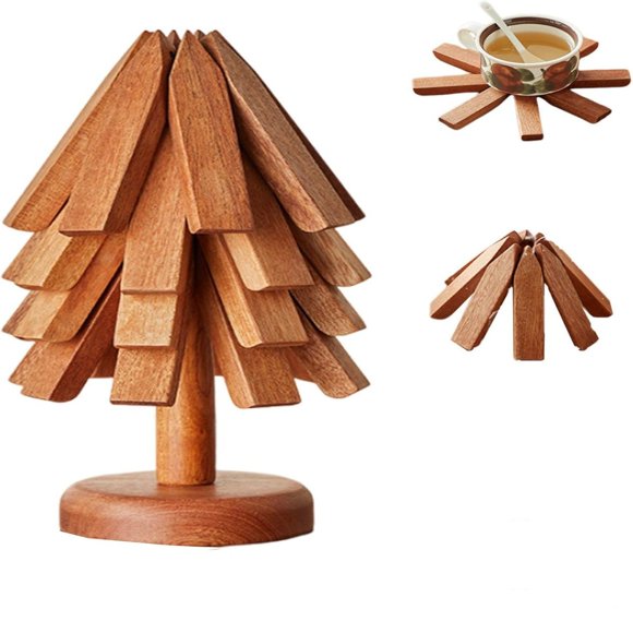 Wooden Tree Trivet Set for Hot Pots and Teapots Natural Kitchen Dining Tabletop Heat Serving Accessory