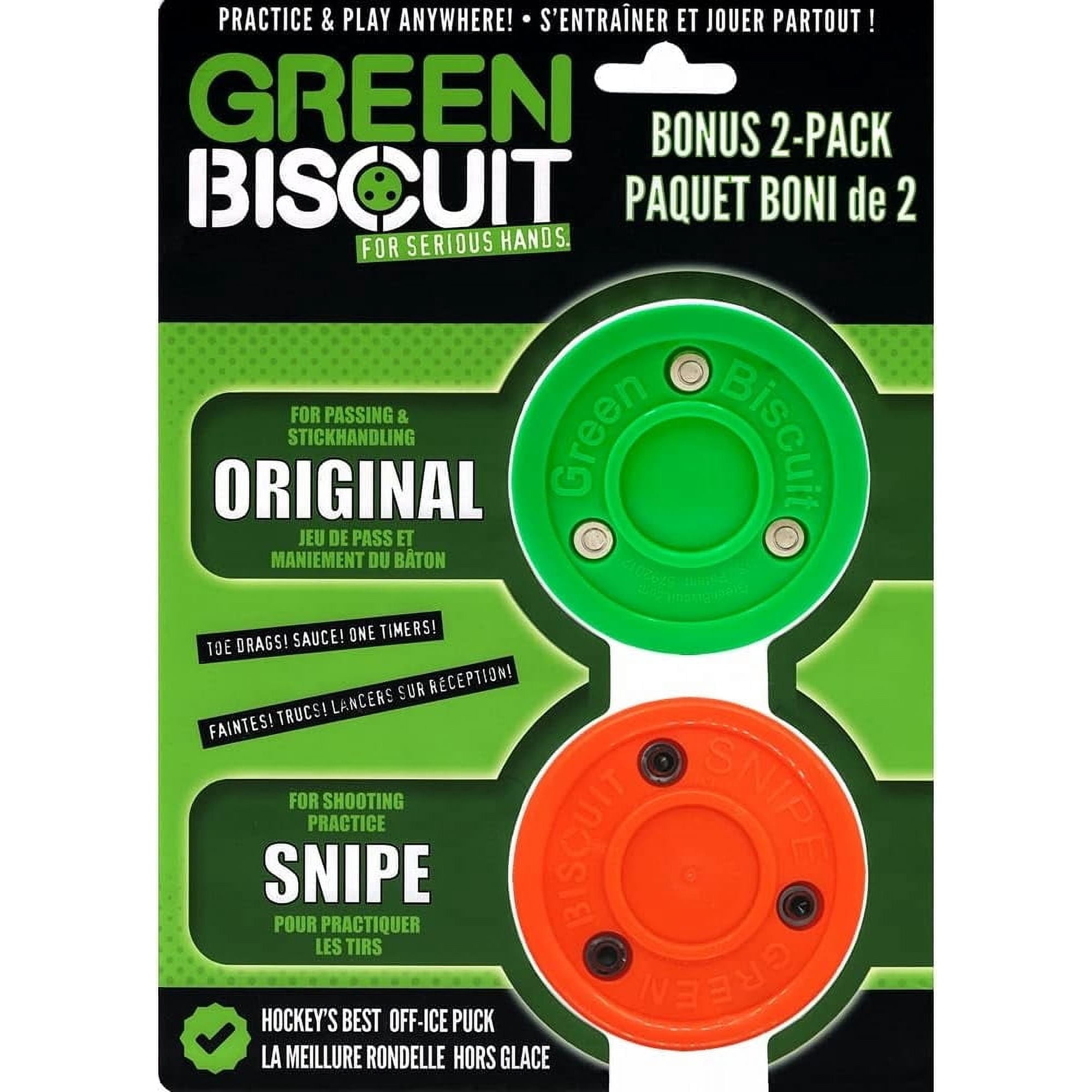 Green Biscuit Hockey Puck 2 Pack, Original, Off Ice Hockey Puck for Snipe, Shooting Street Hockey