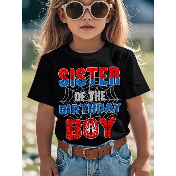 Camiseta con gráfico estético divertido para niños con diseño de telaraña para fiesta de cumpleaños de la hermana del cumpleañero, camisetas populares para niños, camisetas de estilo callejero, tops
