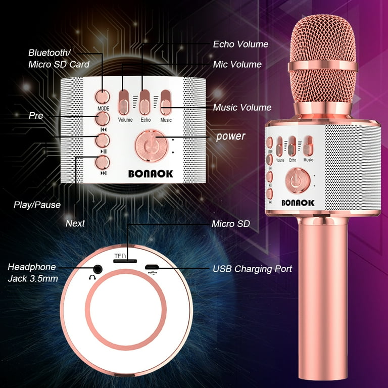  BONAOK Wireless Bluetooth Karaoke Microphone, 3-in-1