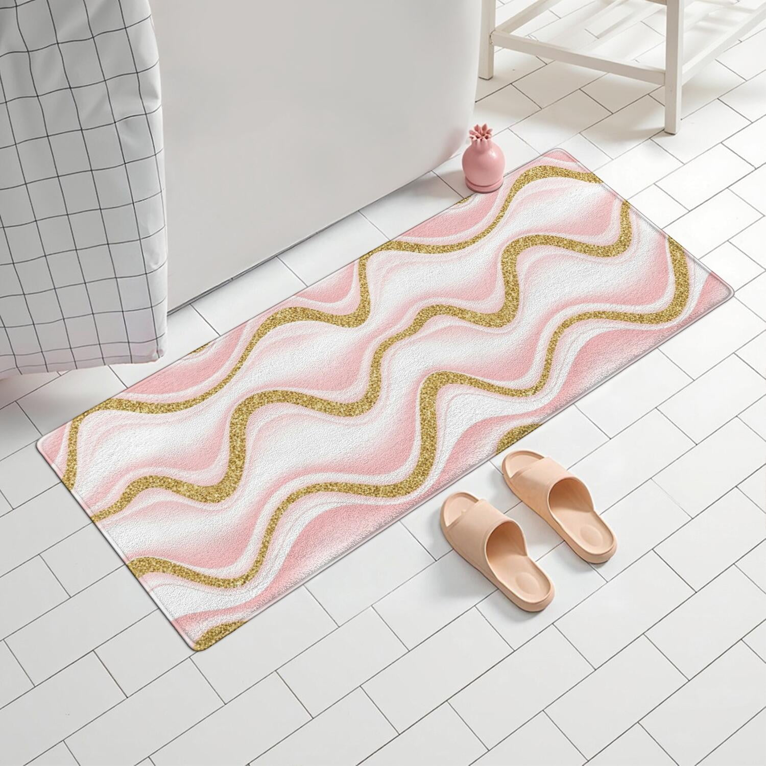 Pink Gold Wave Marble Pattern Bathroom Rugs Mat,Non Slip Microfiber Bathroom Rug,Rubber Backing,Soft Bathroom Mats for Bathroom Floor,Tub and Shower,60x24in(150x60cm)