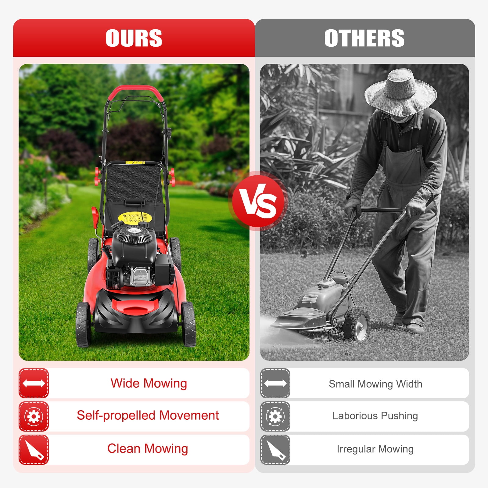 5HP Gas Lawn Mower with 51cm Cutting Width, 60L Collection Bag, Adjustable Height, Durable Steel & Nylon Construction for Efficient Weeding