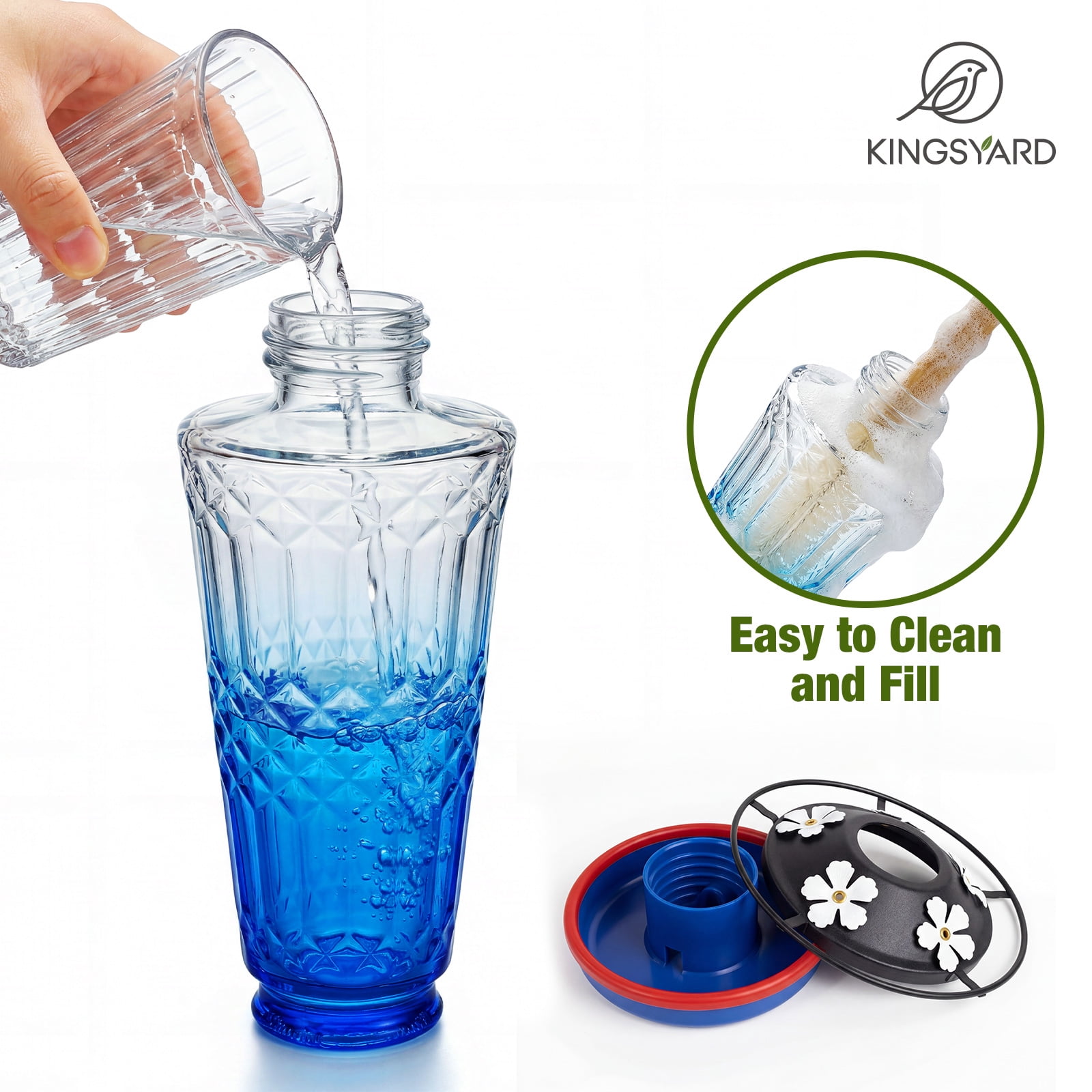 Kingsyard 18.6 oz Blue Glass Hummingbird Feeder, 5 White Ports, Ant Moat Included
