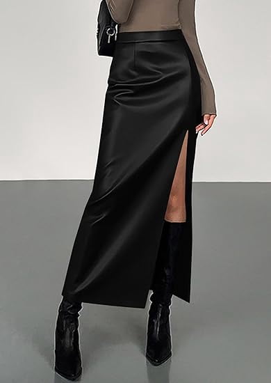 PRETTYGARDEN Womens Faux Leather Skirt Fall Bodycon High Waisted Slit Dressy Casual Winter Maxi Long Pencil Skirts