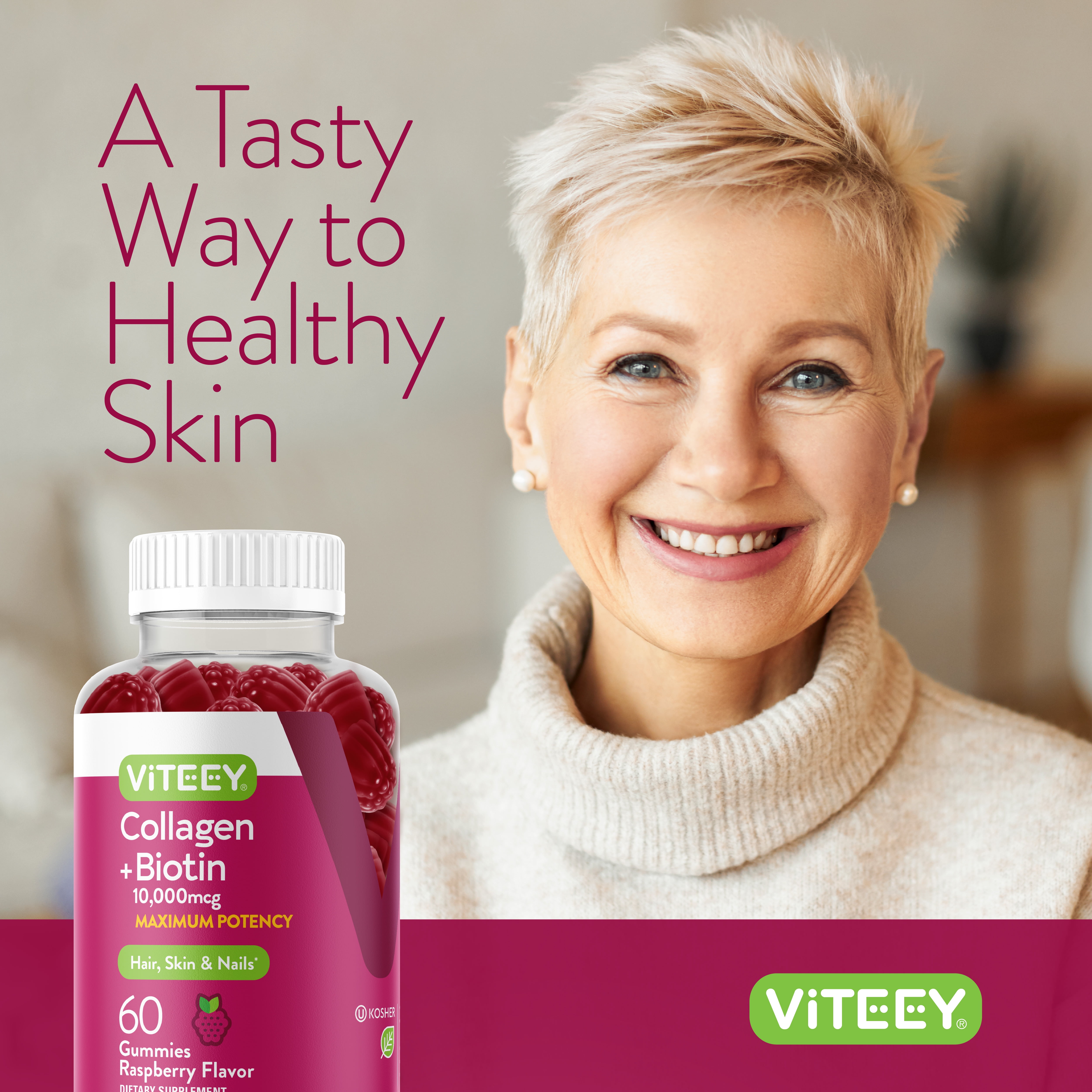 VITEEY Collagen and Biotin Gummies, Hair Skin and Nails, Raspberry Flavor, 60 Count, 2 Pack
