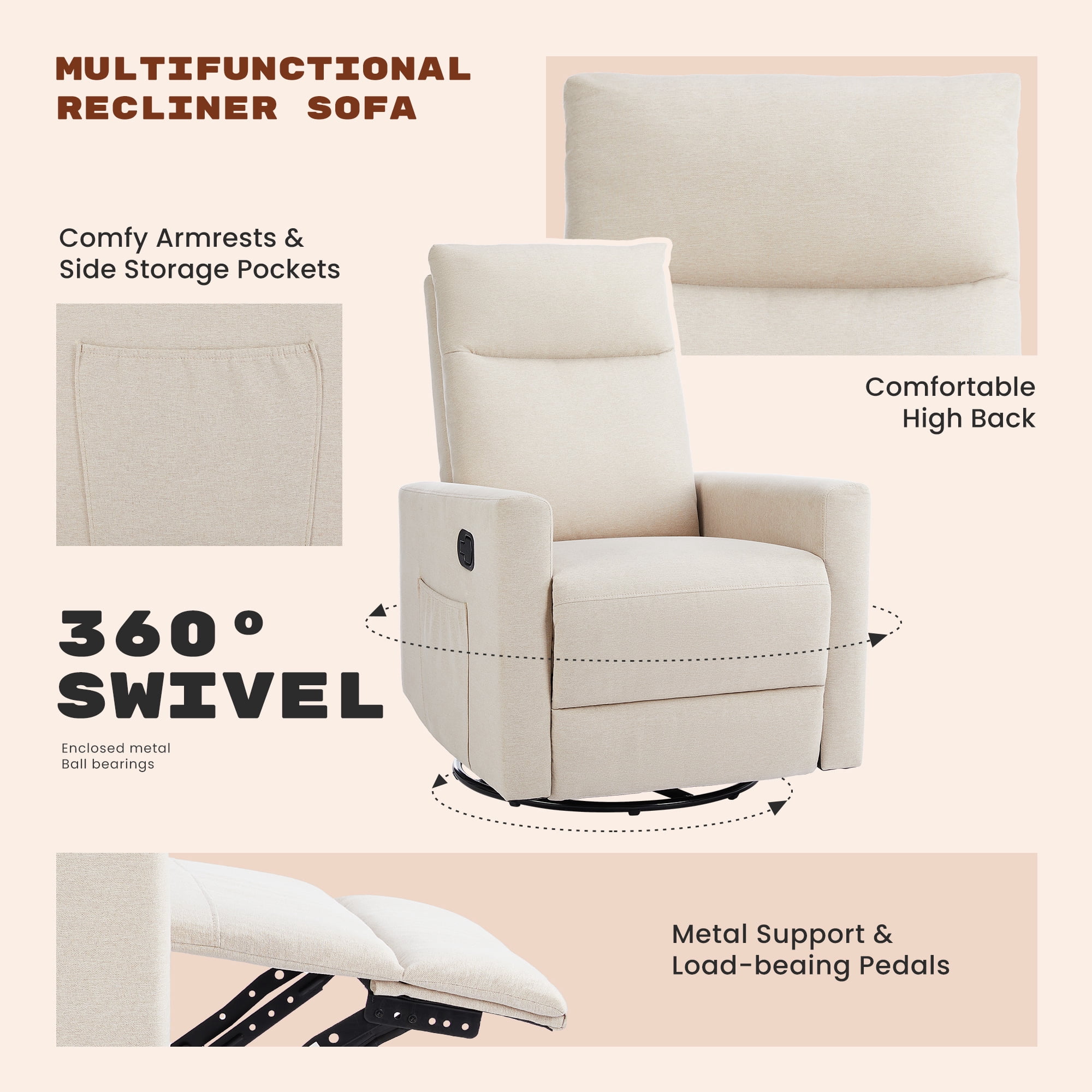 Recliner Chair, Swivel Rocking Glider, Nursery Recliner with Extra Large Footrest, High Back Upholstered Deep Seat for Living Room, Beige