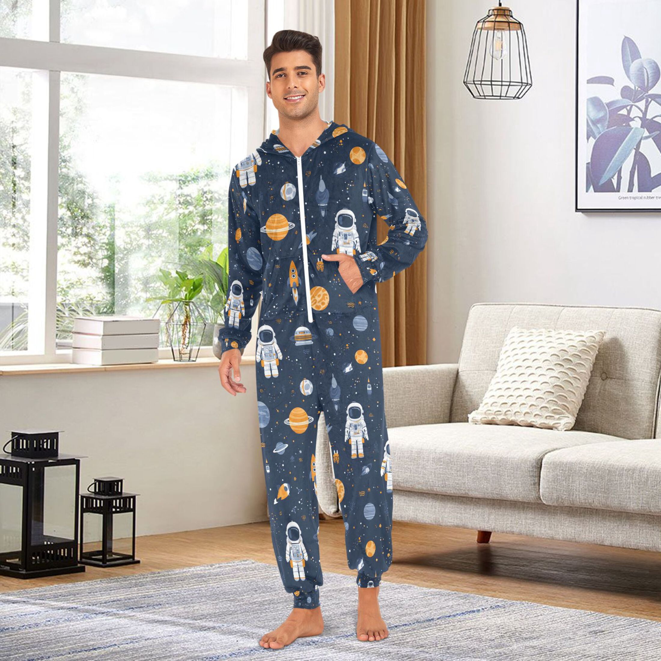 Adult Christmas Onesie Astronaut Star Adult Zipper One-Piece Pajamas Unisex Pajamas with Pockets