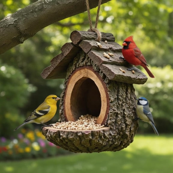 Treehouse Bird Feeder with Hanging Seed Tray, Resin Outdoor Feeder for Garden and Yard Decor
