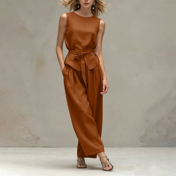 SOOMLON Travel Outfits for Women 2 Piece Sets Crew Neck Sleeveless Tie Tees Pleats Pants with Pockets 2 Piece Sets