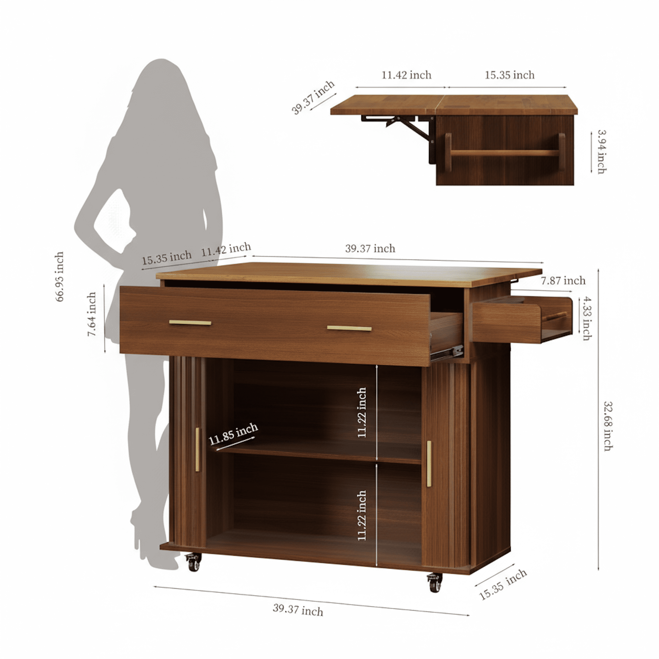 Aisword Rolling Kitchen Island with Drop Leaf Countertop, Mobile Kitchen Cart on Wheels, Sliding Door, Drawers, Spice Rack & 2-Tier Storage, Walnut