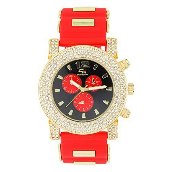 Classic Bullet Rubber Blinged Out Hip Hop Watch w/a Touch of Casual Sporty Colorful Faux Chrono 3 Eyes - Playful MF Iced Out Watch on The House Dance Floor - ST10248 Red/Blk-Red Eyes