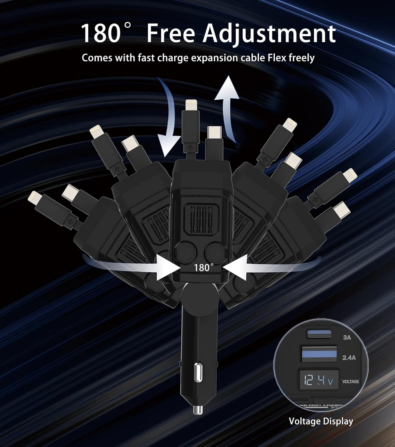 Retractable Car Charger, 4 in 1 Retractable Phone Charger with 66W Fast Charging, 2 Retractable Cables and 2 USB-C USB-A Port Compatible with iPhone 16/15/14/13/12/11,Samsung, Galaxy,Pixel (Black)