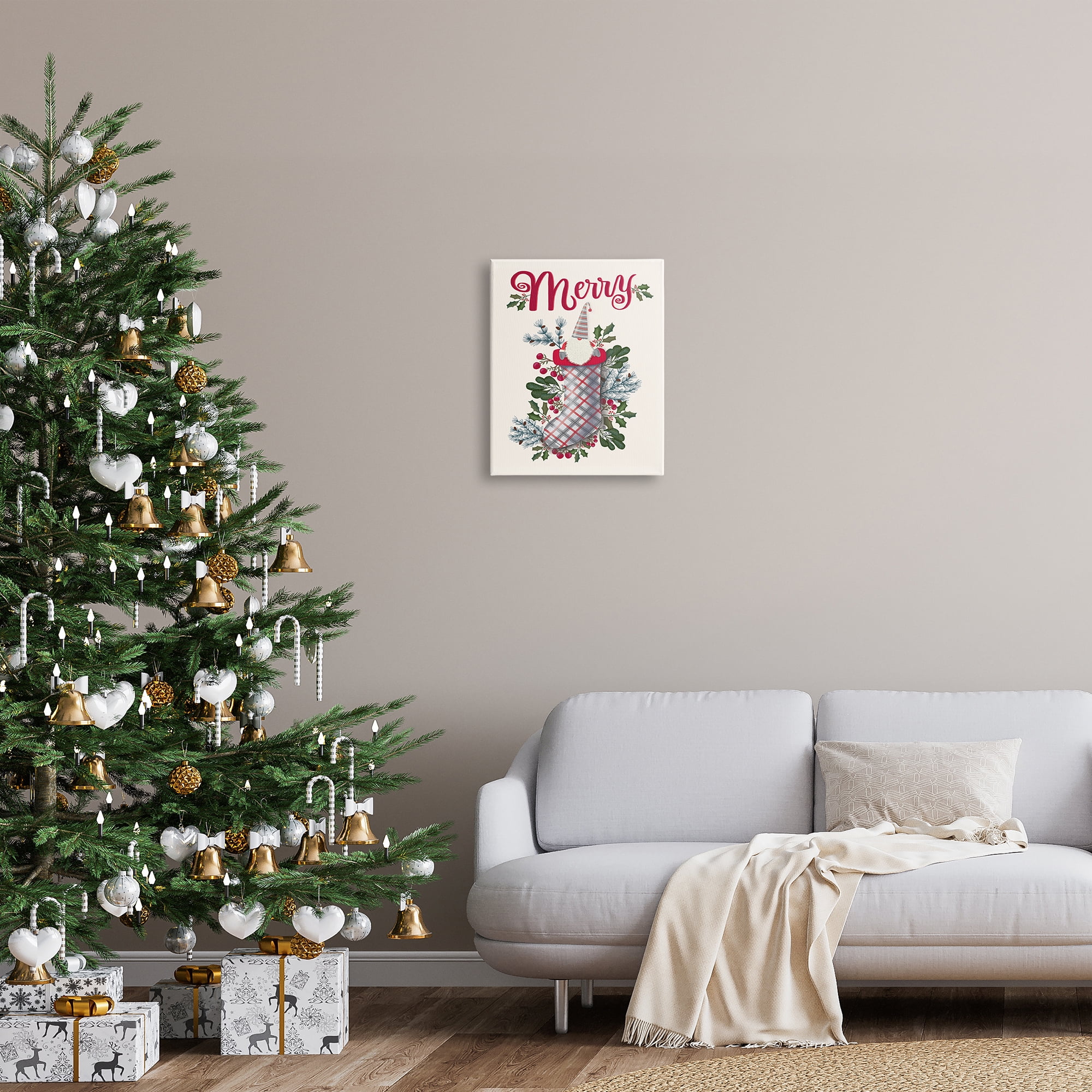 Stupell Indtries Merry Sentiment Christmas Gnome in Plaid Holly Stocking,16 x 20,Design by Darlene Seale