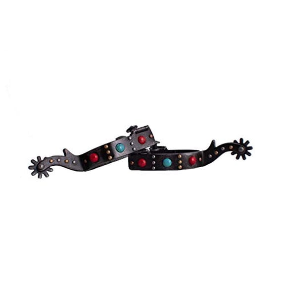 Showman Ladies Antique Gray Steel Spurs w/ Red & Teal Marble Studs