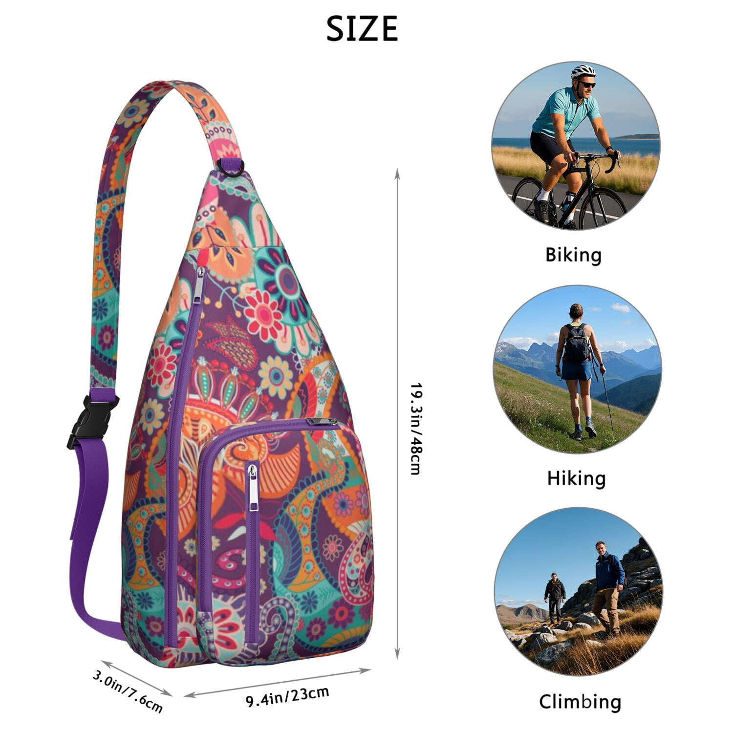Waterproof Hiking Sling Backpack for Women – Lightweight Crossbody Bag with Adjustable Strap, Chest Bag for Travel & Outdoor Adventures – Paisley Boho Vintage Floral, Chic Retro Design