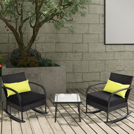 Childs Wicker Rocker - Gymax 3PC Rocking Chair Bistro Set Rattan Wicker Outdoor Patio FurnitureSet W/Cushion