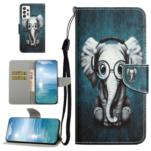 Wallet Cover for Samsung A23 Case, Galaxy A23 Case, Cute Magnetic Closure Flip Leather Patterned Strap Wallet Credit Card & Cash Pocket Kickstand Cover For Samsung Galaxy A23, Earphone Elephant