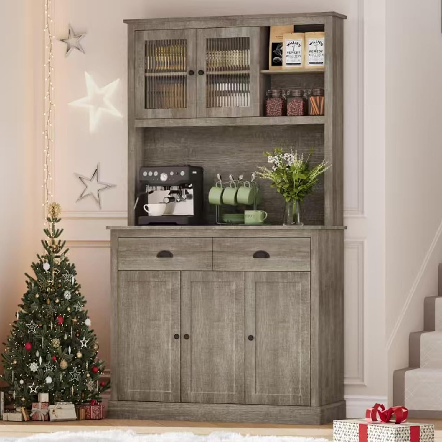 Kitchen Pantry Storage Cabinet, 71" Tall Wood Pantry with Microwave Stand, Modern Kitchen Hutch Cabinet, Coffee Bar Hutch with Wine Rack for Dining Room, Living Room, Grey