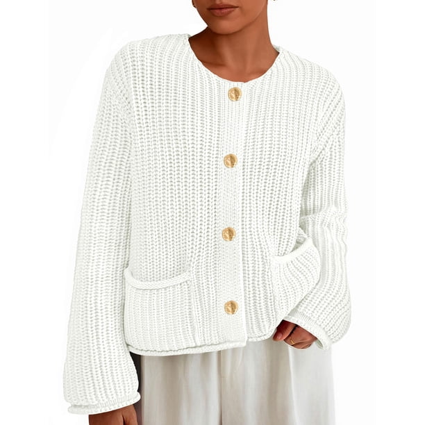 PRETTYGARDEN Suéter Cárdigan Mujer Oversized Tejido Grueso Blanco Talla L