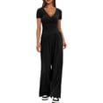 thumbnail image 3 of Womens V Neck Short Sleeve Top Wide Leg Pants Casual Comfortable Outfit Set Two Piece Black [Short Sleeve] XL, 3 of 5